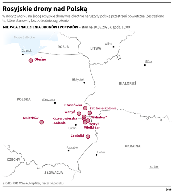 Rosyjskie drony nad Polską, stan na godzinę 15:00