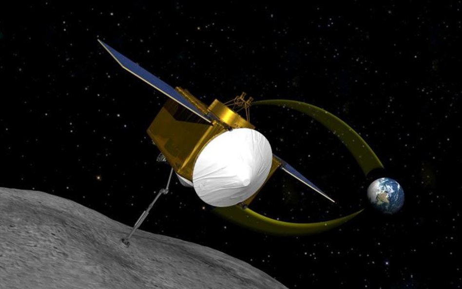 Artystyczna wizja amerykańskiej sondy wiszącej nad powierzchnią asteroidy Bennu