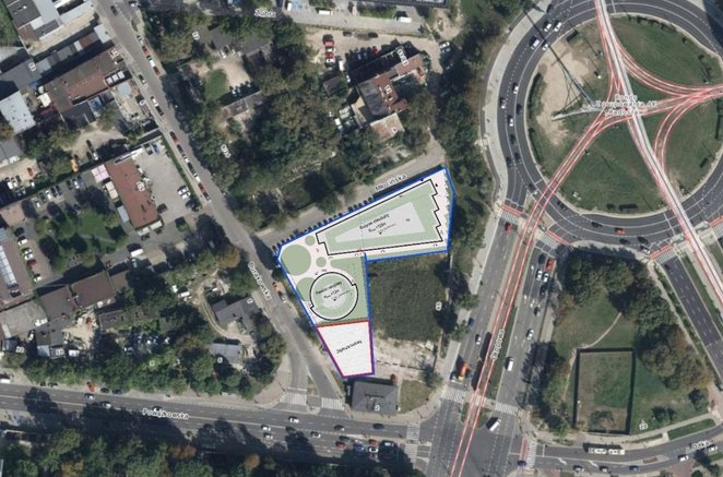 Teren potencjalnej zabudowy według Planu Zagospodarowaniu Terenu. Obszar zanaczony na grantowo to te