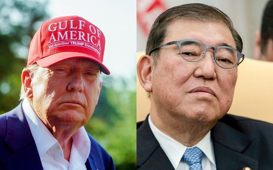 Prezydent USA Donald Trump (z lewej) naciska w sprawie handlu na japońskiego premiera Shigeru Ishibę