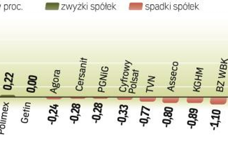 W WIG20 przeważały wczoraj spadki, jednak indeks zyskaŁ 0,17 proc. Sesja miała podobny przebieg do ś