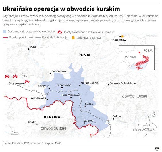 Ukraińska operacja w obwodzie kurskim, stan na godz. 15:00 18 sierpnia
