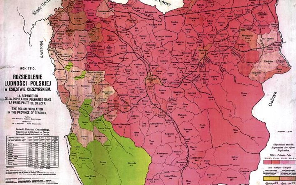 Mapa etnograficzna Śląska Cieszyńskiego (1910 r.). Kolorem intensywnie czerwonym oznaczono gminy z w