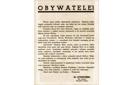 28 września 1939r., Plakat z odezwą Stefana Starzyńskiego informującą o kapitulacji Warszawy???. Trz