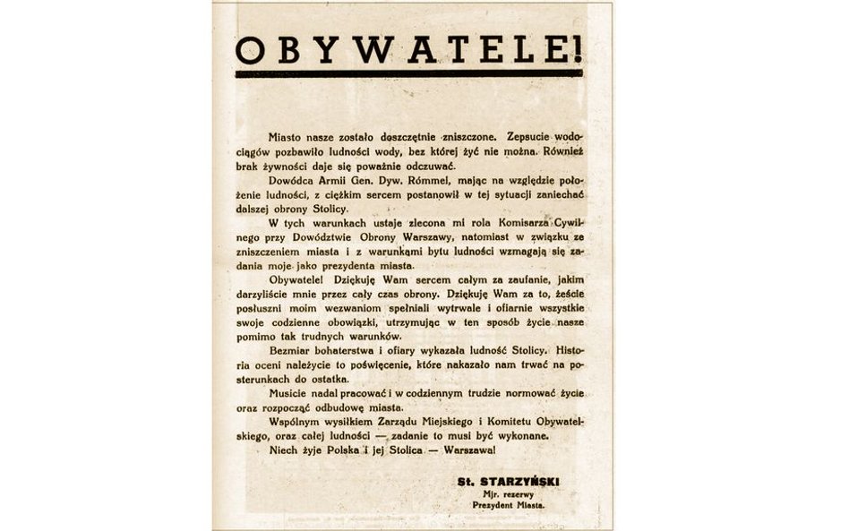 28 września 1939r., Plakat z odezwą Stefana Starzyńskiego informującą o kapitulacji Warszawy???. Trz