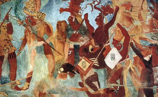 Malowidła naścienne w Bonampak (Meksyk), fragment przedstawiający scenę wojny. Cywilizacja Majów, IX