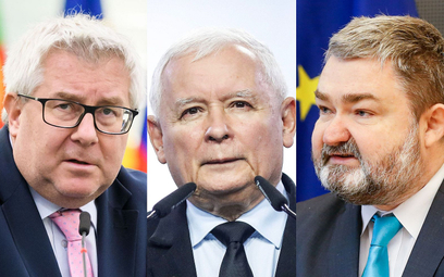Prezes PiS Jarosław Kaczyński i europosłowie tej partii - Ryszard Czarnecki i Karol Karski