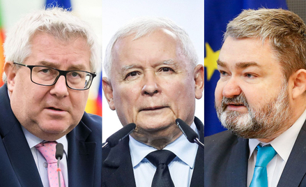 Prezes PiS Jarosław Kaczyński i europosłowie tej partii - Ryszard Czarnecki i Karol Karski
