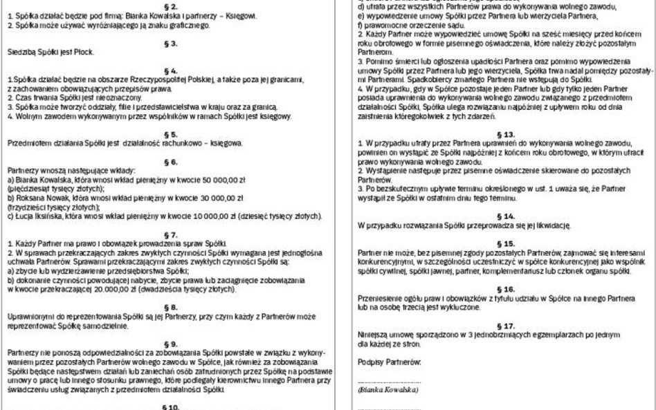 Wzór umowy spółki partnerskiej
