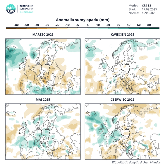 Anomalia sumy opadu w miesiącach marzec-czerwiec 2025 r.