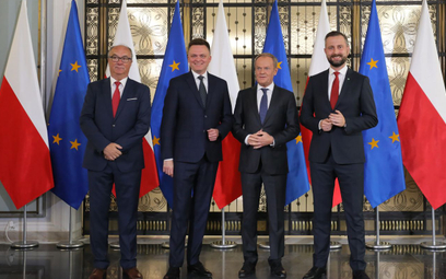 Liderzy opozycji: Włodzimierz Czarzasty, Szymon Hołownia, Donald Tusk, Władysław Kosiniak-Kamysz