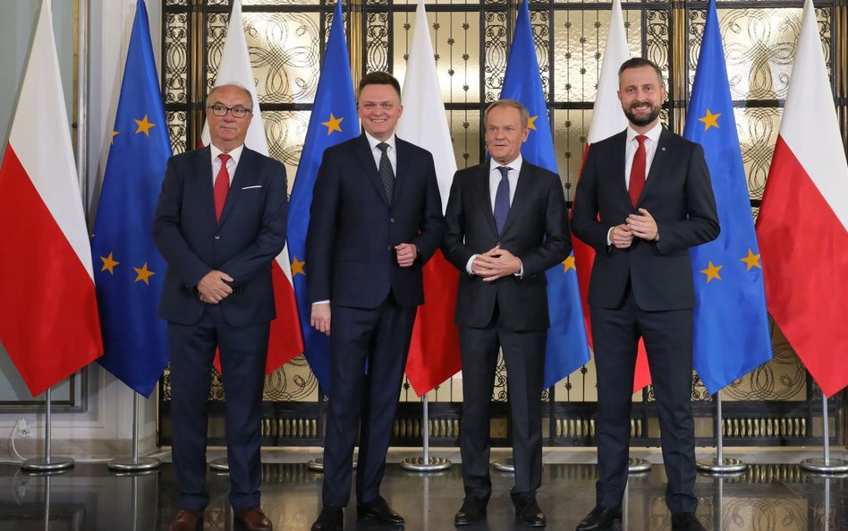 Liderzy opozycji: Włodzimierz Czarzasty, Szymon Hołownia, Donald Tusk, Władysław Kosiniak-Kamysz