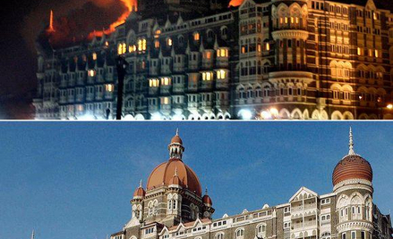 Hotel Taj Mahal w czasie zamieszek (na górze) i przed rozruchami