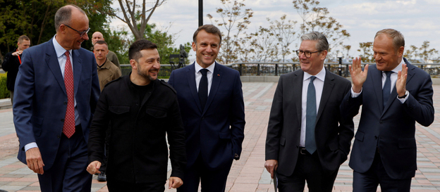 Kanclerz Niemiec Friedrich Merz, prezydent Francji Emmanuel Macron, prezydent Ukrainy Wołodymyr Zełe