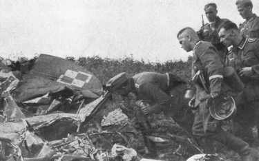 Żołnierze niemieccy oglądają zniszczony polski samolot.