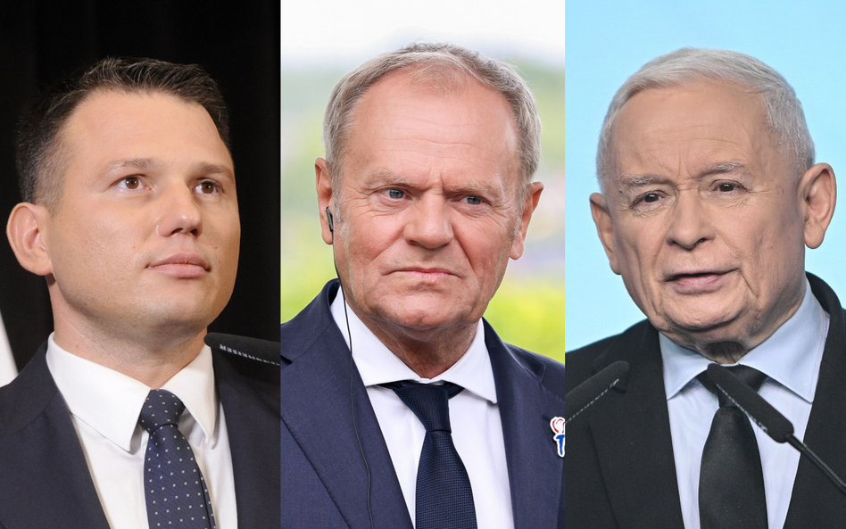 Liderzy partii cieszących się największym poparciem: Sławomir Mentzen (Konfederacja), Donald Tusk (K