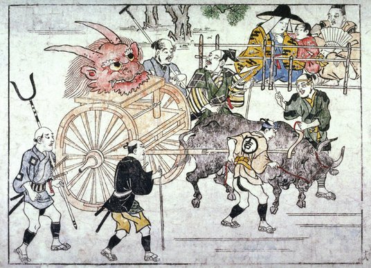 Moronobu Hishikawa (1618–1694), drzeworyt ukazujący ściętą głowę pokonanego Shuten-dōji zawiezioną t