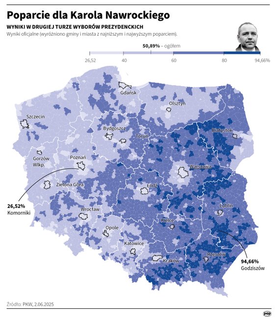 Poparcie dla Karola Nawrockiego w poszczególnych gminach w II turze wyborów