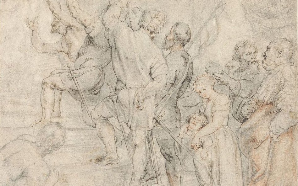 Peter Paul Rubens Grupa dziesięciu mężczyzn stojących na schodach z młodą kobietą i dzieckiem według