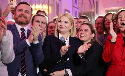 Monika Piątkowska podczas wieczoru wyborczego w swoim sztabie w Krakowie.