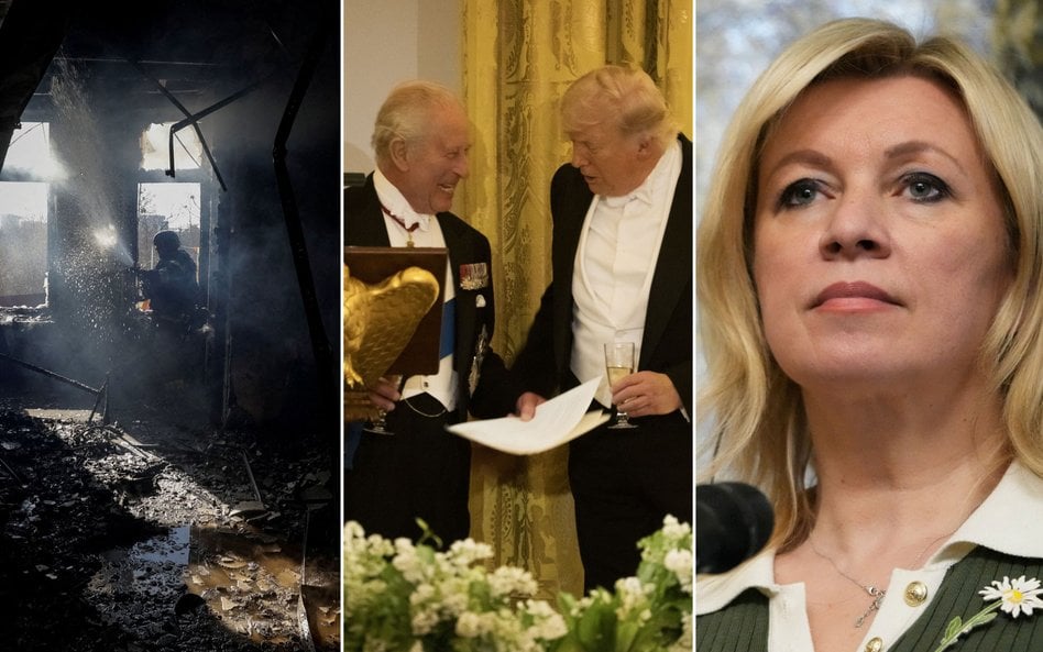 Rosja atakowała Charków, Donald Trump poruszył temat Iranu na kolacji z Karolem III, Maria Zacharowa