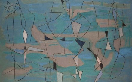 Adam Marczyński, (1908-1985) Nad jeziorem (Nad jeziorami), 1957 wys. 92 cm, szer. 140 cm tempera, pł