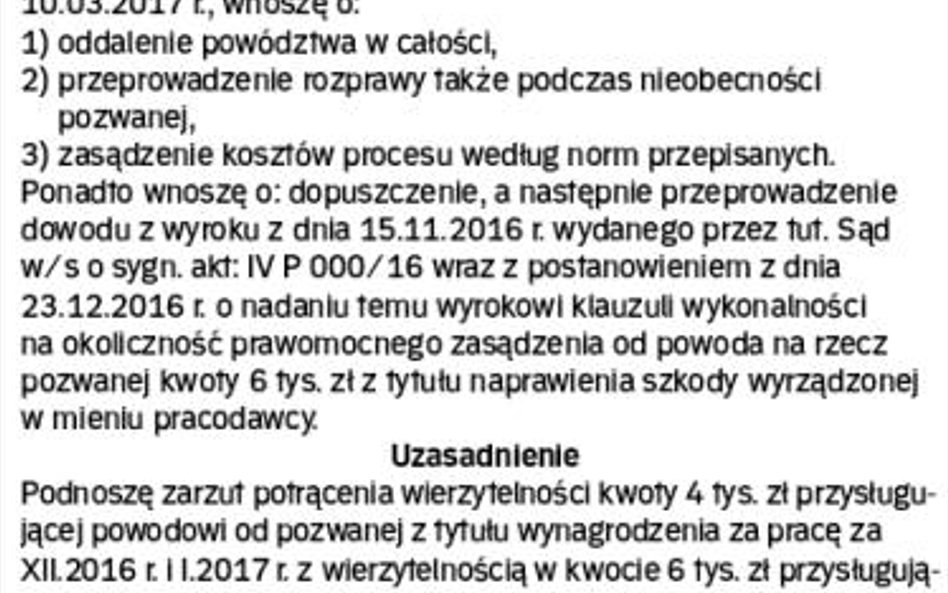 Wzór odpowiedzi na pozew zawierającej procesowy zarzut potrącenia wierzytelności
