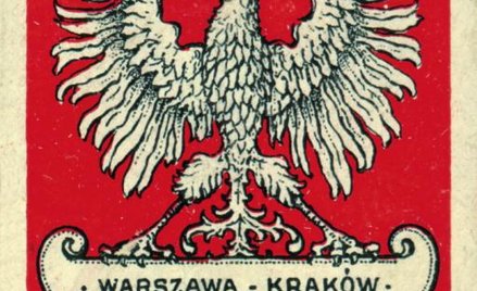 Nalepka okienna z białym orłem na czerwonym tle i nazwami historycznych miast Rzeczypospolitej