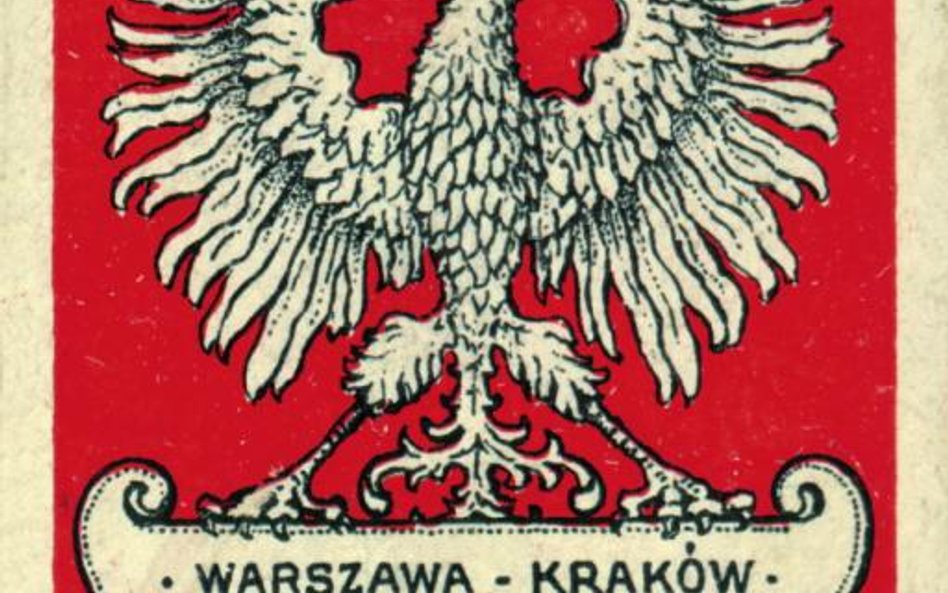 Nalepka okienna z białym orłem na czerwonym tle i nazwami historycznych miast Rzeczypospolitej