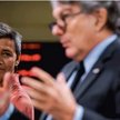 Margrethe Vestager, wiceprzewodnicząca KE, i Thierry Breton, komisarz ds. rynku wewnętrznego, w trak