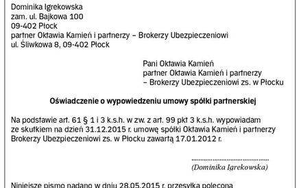 Wzór nr 1 oświadczenia o wypowiedzeniu umowy spółki partnerskiej