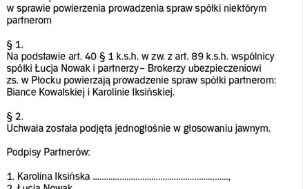 Wzór uchwały ws. powierzenia prowadzenia spraw spółki partnerskiej niektórym wspólnikom