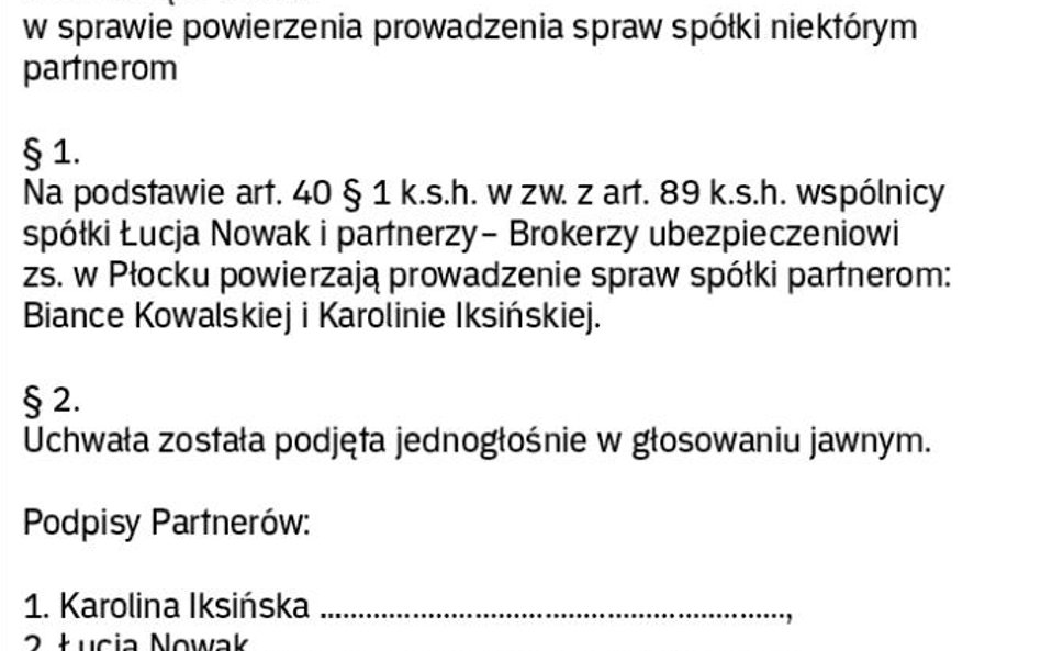 Wzór uchwały ws. powierzenia prowadzenia spraw spółki partnerskiej niektórym wspólnikom