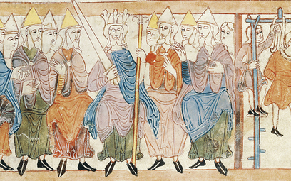 Król z witenagemotem – radą starszyzny, która od VII do XI wieku doradzała monarsze w podejmowaniu n