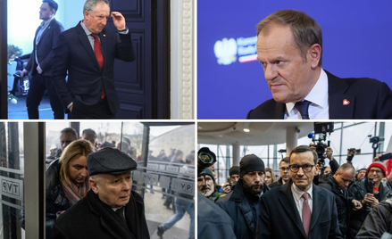 Bartłomiej Sienkiewicz, Donald Tusk, Jarosław Kaczyński i Mateusz Morawiecki