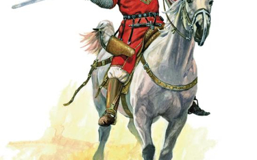 Jeździec arabski w hełmie z turbanem i w kolczudze, uzbrojony w tarczę, miecz, sztylet i łuk refleks