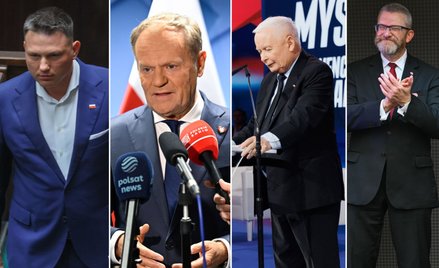 Sławomir Mentzen, Donald Tusk, Jarosław Kaczyński i Grzegorz Braun