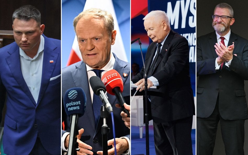 Sławomir Mentzen, Donald Tusk, Jarosław Kaczyński i Grzegorz Braun