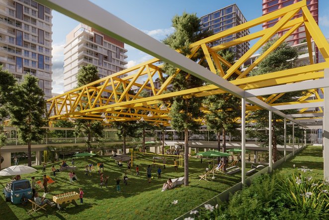 Pozostałości konstrukcji jednej z drukarnianych hal z wkomponowaną zielenią to pomysł na ogrody Towa