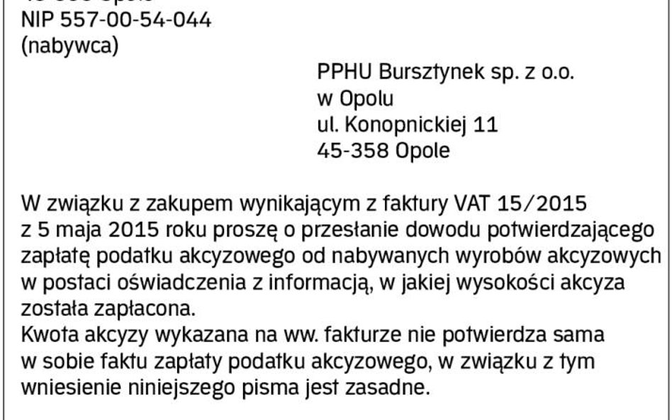 WZÓR pisma o potwierdzenie opłacenia akcyzy