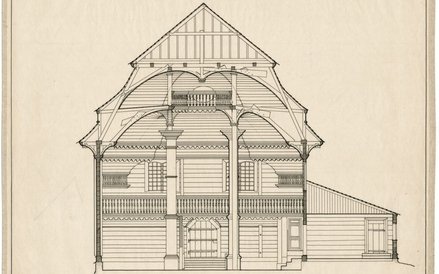 Bóżnica w Olkiennikach, przekrój poprzeczny, pomiar B. Żywno, 1928, tusz na kalce, Zakład Architektu