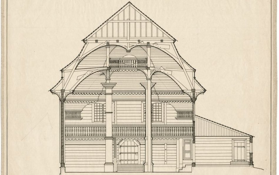 Bóżnica w Olkiennikach, przekrój poprzeczny, pomiar B. Żywno, 1928, tusz na kalce, Zakład Architektu