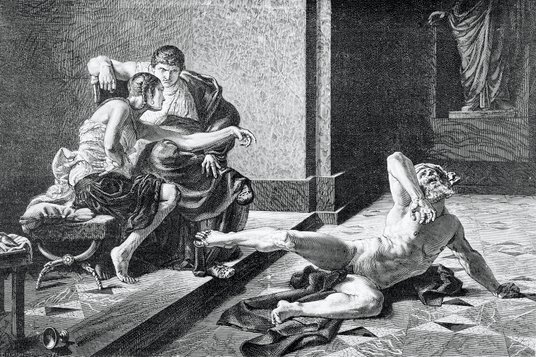 „Testowanie trucizny Lokusty na niewolniku”, obraz Josepha-Noëla Sylvestre’a. Lokusta była truciciel