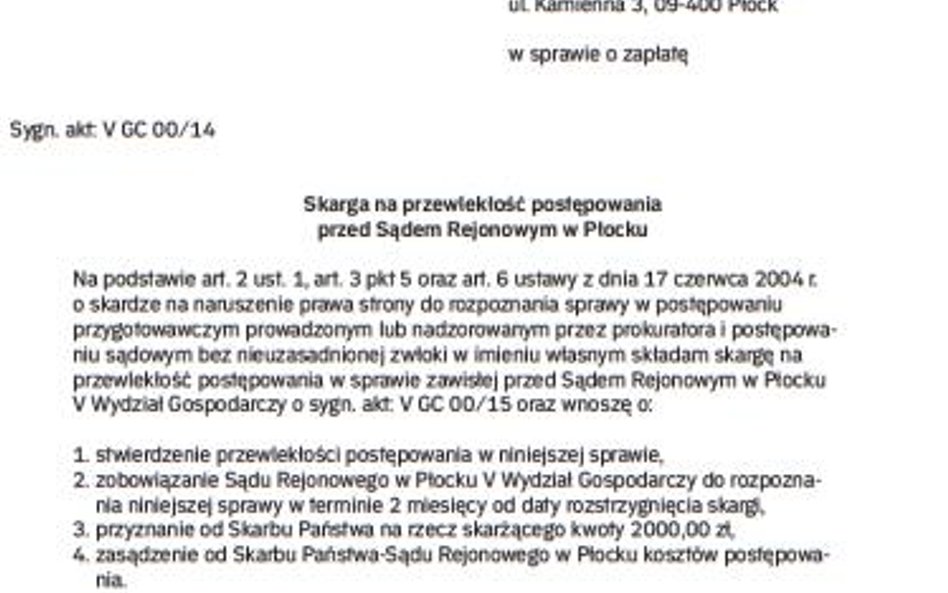 Wzór skargi przedsiębiorcy na przewlekłość postępowania sądowego