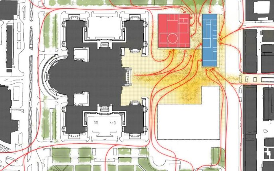 04. Rzut budynków i otoczenia – Placu Defilad i Parku Świętokrzyskiego z cyrkulacją osób