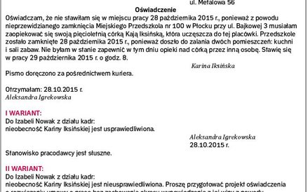 Przykład pisma zawierającego usprawiedliwienie nieobecności pracownika w zakładzie