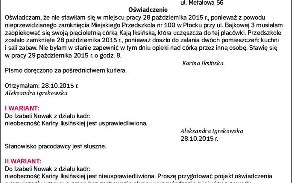 Przykład pisma zawierającego usprawiedliwienie nieobecności pracownika w zakładzie