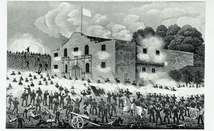 Żołnierze meksykańscy szturmują Alamo 6 marca 1836 roku, litografia z końca XIX wieku