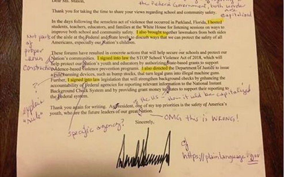 Nauczycielka poprawia błędy w liście od Trumpa. "Dostałby 2"