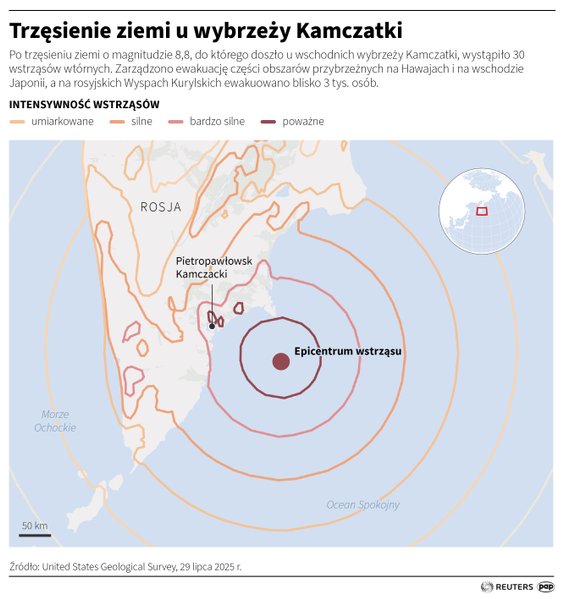 Miejsce trzęsienia ziemi u wybrzeży Kamczatki